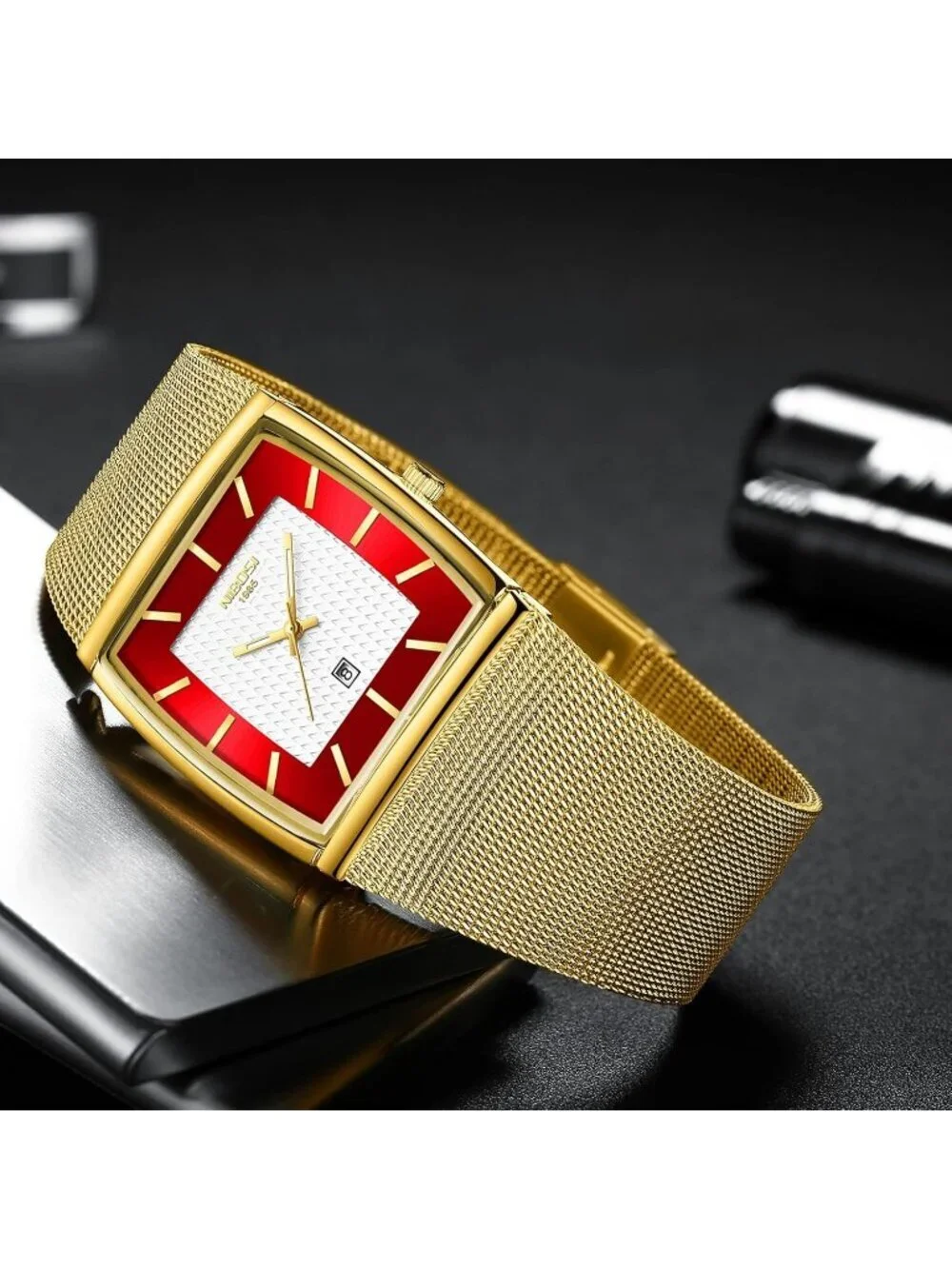 Nibosi Men's Gold Red Square Analog Quartz Stainless Mesh Strap Waterproof Watch